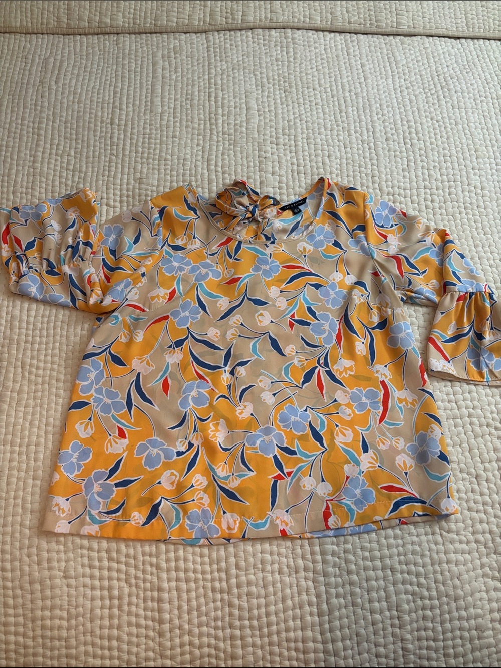 Zac & Rachel Yellow Floral Bell Sleeve Blouse with Boat Neck w Tie